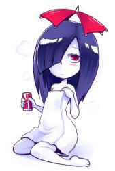Rule 34 | 1girl, ameonna (youkai watch), blush, can, hair over one eye, holding, holding can, light frown, long hair, looking at viewer, naked towel, nollety, pale skin, purple hair, red eyes, simple background, sitting, solo, towel, umbrella, white background, youkai (youkai watch), youkai watch