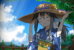 Rule 34 | 1girl, adjusting clothes, adjusting headwear, black hair, blush, cloud, day, closed eyes, fence, flower, hair ornament, hairclip, hands up, hat, hat flower, hill, japanese clothes, kimono, long hair, obi, open mouth, original, sash, shadow, sky, smile, solo, straw hat, sun hat, tamanoti, tree, upper body, yukata