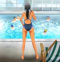 Rule 34 | 1girl, ass, barefoot, black hair, bokura no sex, competition swimsuit, feet, from behind, hand on own hip, highres, legs, long hair, multiple boys, natsu kaori (bokura no sex), one-piece swimsuit, ponytail, pool, stitched, swimsuit, thighs, third-party edit, whistle
