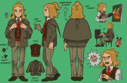Rule 34 | 1boy, arrow (symbol), black vest, blonde hair, closed mouth, collared shirt, commentary request, creatures (company), frown, game freak, green background, half updo, hassel (pokemon), highres, holding, holding paintbrush, jacket, long sleeves, male focus, multiple views, necktie, nintendo, paintbrush, painting (action), painting (object), palette (object), pants, pokemon, pokemon sv, red necktie, s7873, shirt, shoes, simple background, split mouth, vest, yellow eyes