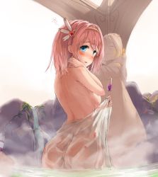 Rule 34 | 1girl, alcohol, artist request, ass, blue eyes, blush, bottle, breasts, character request, covering privates, cup, drinking glass, from behind, hairband, hand on own neck, large breasts, looking at viewer, looking back, naked towel, nude, onsen, open mouth, petals, pink hair, plant, rock, see-through, short hair, sky, smile, standing, statue, steam, towel, water, waterfall, wet, wine, wine bottle, wine glass
