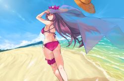 Rule 34 | 1girl, absurdres, bare shoulders, beach, bikini, ceda (dace), cloud, day, fate/grand order, fate (series), hair ribbon, hat, unworn hat, unworn headwear, highres, looking back, outdoors, red eyes, red hair, ribbon, scathach (fate), scathach (fate), scathach (swimsuit assassin) (fate), sky, solo, swimsuit, thigh strap, veil, water