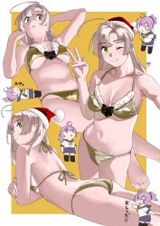 Rule 34 | 2girls, absurdres, ahoge, alternate costume, aoba (kancolle), ass, bad id, bad twitter id, bikini, border, breasts, chibi, christmas, cleavage, feet, fur-trimmed bikini, fur-trimmed headwear, fur trim, gold bikini, green eyes, hat, highres, kantai collection, kinugasa (kancolle), large breasts, looking at viewer, lying, multiple girls, multiple views, navel, ojipon, on stomach, orange background, pink hair, pom pom (clothes), santa hat, stomach, swimsuit, translation request, underboob, white border