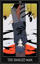 Rule 34 | 1boy, commentary, english text, hanging, highres, holding, holding scissors, hood, hoodie, kagerou project, kisaragi shintarou, male focus, mazumaro, mouse (computer), red eyes, roman numeral, scissors, snake, solo, tarot, tarot (medium), text focus, the hanged man (tarot), tree, upside-down