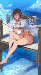Rule 34 | 1girl, :o, absurdres, ahoge, bare legs, barefoot, bikini, blue eyes, blue sky, breasts, brown hair, cleavage, commentary request, curvy, day, feet, hair blowing, highres, large breasts, looking at viewer, navel, ocean, open clothes, open mouth, open shirt, original, outdoors, pier, rope, shino yoshihisa, shirt, sideboob, sitting, sky, solo, summer, swimsuit, thighs, toes, undersized clothes, white bikini, white shirt