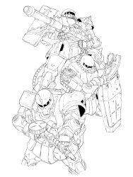 Rule 34 | absurdres, armor, axe, bullet hole, cable, commentary, damaged, drum magazine, gun, gundam, gundam 08th ms team, highres, holding, holding axe, holding gun, holding shield, holding weapon, lineart, looking to the side, magazine (weapon), mecha, mecha kaku man, mobile suit, mobile suit gundam, monochrome, no humans, one-eyed, pauldrons, robot, rx-78-2, scratches, shield, shoulder armor, shoulder spikes, simple background, spiked pauldrons, spikes, weapon, white background, zaku i, zaku ii