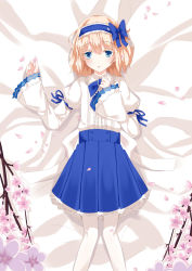 Rule 34 | 1girl, alice margatroid, alice margatroid (pc-98), bed, blonde hair, blue eyes, blush, cherry blossoms, female focus, hair ribbon, hairband, highres, juliet sleeves, lace, lace-trimmed shirt, lace trim, long sleeves, lying, nanatuki13, open mouth, pantyhose, petals, puffy sleeves, ribbon, shirt, short hair, skirt, solo, touhou, touhou (pc-98), white pantyhose