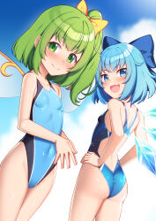Rule 34 | 2girls, absurdres, ass, bare arms, bare legs, bare shoulders, blue bow, blue eyes, blue hair, blue one-piece swimsuit, blush, bow, breasts, cirno, closed mouth, collarbone, competition swimsuit, covered navel, daiyousei, detached wings, fairy, fairy wings, fang, green eyes, green hair, hair bow, highres, ice, ice wings, kouzuki tsubasa (musou kaidou), long hair, looking at viewer, multiple girls, one-piece swimsuit, open mouth, second-party source, short hair, side ponytail, skin fang, small breasts, smile, swimsuit, touhou, wings