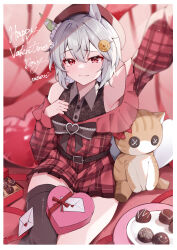Rule 34 | 1girl, absurdres, alternate eye color, animal ears, arm up, artist name, belt, beret, black belt, black bow, black shirt, black thighhighs, blurry, blurry foreground, blush, bow, box, chocolate, collared shirt, depth of field, dress, ear covers, envelope, fang, grey hair, hair ornament, hairclip, half-closed eyes, hand on own chest, happy valentine, hat, heart, heart-shaped box, heart-shaped pillow, highres, horse ears, horse girl, looking at viewer, misoni (mi so ni t), off-shoulder dress, off shoulder, pillow, plaid, plaid dress, plate, pleated dress, red dress, red eyes, red hat, seiun sky (umamusume), selfie, shirt, short dress, short hair, signature, single ear cover, single thighhigh, sitting, skin fang, sleeveless, sleeveless shirt, smile, solo, streamers, stuffed animal, stuffed cat, stuffed toy, thighhighs, umamusume, valentine