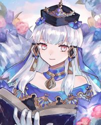 Rule 34 | 1girl, black hat, book, closed mouth, fire emblem, fire emblem: three houses, fire emblem heroes, flower, hair ornament, hat, highres, holding, holding book, long hair, lysithea von ordelia, nintendo, open book, pink eyes, repu (rep sha), solo, twitter username, upper body, white hair