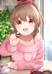 Rule 34 | 10s, 1girl, :d, blush, bow, brown hair, candy, chocolate, chocolate heart, commentary request, feeding, food, hair bow, hair ornament, heart, highres, hori yuuko, idolmaster, idolmaster cinderella girls, incoming food, indoors, jewelry, long hair, long sleeves, looking at viewer, off-shoulder, off-shoulder sweater, off shoulder, open mouth, ponytail, pov feeding, red eyes, smile, solo, sora (silent square), sweater, valentine