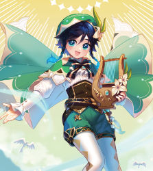 Rule 34 | 1boy, androgynous, argyle, argyle clothes, argyle legwear, beret, bird, black hair, blue hair, bow, braid, brooch, collared cape, collared shirt, commentary, corset, english commentary, feathers, flower, frilled sleeves, frills, gem, genshin impact, gradient hair, green eyes, green hat, green shorts, hair flower, hair ornament, hat, highres, holding, holding instrument, instrument, isakysaku, jewelry, leaf, long sleeves, looking at viewer, lyre, multicolored hair, open mouth, pantyhose, pinwheel, second-party source, shirt, short hair with long locks, shorts, sidelocks, smile, solo, twin braids, venti (genshin impact), vision (genshin impact), white flower, white pantyhose, white shirt