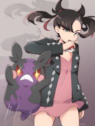 Rule 34 | + +, 1girl, asymmetrical bangs, black jacket, bright pupils, brown hair, commentary, creatures (company), dress, eyelashes, frown, game freak, gen 8 pokemon, green eyes, hair ribbon, hand up, highres, holding, holding poke ball, jacket, looking at viewer, lower teeth only, marnie (pokemon), milka (milk4ppl), morpeko, morpeko (hangry), motion blur, motion lines, nintendo, open clothes, open jacket, open mouth, pink dress, poke ball, poke ball (basic), pokemon, pokemon (creature), pokemon swsh, red ribbon, ribbon, signature, teeth, tongue, white pupils, zoom layer