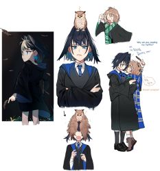 Rule 34 | 2girls, ?, arrow (symbol), bird, black hair, blue eyes, book, bow, bow earrings, brown hair, crossed arms, crying, crying with eyes open, earrings, english text, eus ing, eye contact, fangs, feathers, full body, hair between eyes, harry potter (series), highres, hogwarts school uniform, holding, holding book, hololive, hololive english, hug, jewelry, looking at another, looking at viewer, multiple girls, multiple views, nanashi mumei, necktie, open mouth, ouro kronii, owl, scarf, school uniform, short hair, simple background, skin fangs, standing, tears, tiptoes, v, virtual youtuber, white background, wizarding world, yuri