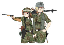 Rule 34 | 2girls, absurdres, aiming, ammunition pouch, arm at side, assault rifle, belt, belt buckle, bird, black belt, blonde hair, breasts, brown eyes, brown hair, buckle, camouflage, camouflage headwear, camouflage jacket, camouflage pants, chin strap, closed mouth, collared shirt, combat helmet, commentary, commission, cropped legs, eagle, english commentary, english text, entrenching tool, fallschirmjager, gas mask canister, german commentary, green jacket, green pants, grey eyes, grey headwear, grey shirt, gun, hand on own hip, handgun, hat, hat ornament, highres, holding, holding gun, holding weapon, holster, jacket, large breasts, load bearing equipment, looking at viewer, luftwaffe, luger p08, m43 field cap, military, military hat, military jacket, military uniform, mixed-language commentary, mrxinom, multiple girls, open collar, original, over shoulder, pants, paratrooper, pocket, pouch, reichsadler, rifle, shirt, short hair, shoulder stock, simple background, smile, soldier, stg44, suspenders, swastika, uniform, weapon, weapon behind back, weapon over shoulder, white background, world war ii