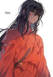Rule 34 | 1boy, alternate form, black hair, blood on face, brown eyes, inuyasha, inuyasha (character), inuyasha (human), long hair, looking at viewer, male focus, simple background, solo, sukja, sword, tessaiga, weapon, white background