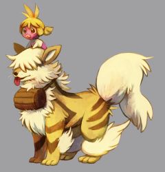 Rule 34 | ahoge, alternate color, alternate hairstyle, arcanine, barrel, blonde hair, chunsoft, commentary, creatures (company), dog, full body, game freak, gen 1 pokemon, gen 2 pokemon, glitchedpuppet, grey background, hair over eyes, lips, mini person, minigirl, nintendo, no humans, on head, pmd-explorers, pokemon, pokemon (creature), pokemon mystery dungeon, pokemon on head, ponytail, shiny pokemon, sidelocks, simple background, smoochum, standing, striped, tongue, tongue out, whiskers
