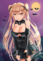 Rule 34 | 1girl, bat (animal), bat wings, black dress, black gloves, breasts, brown eyes, cleavage, cowboy shot, detached sleeves, dress, full moon, gloves, head wings, johnston (kancolle), kantai collection, large breasts, light brown hair, long hair, mayura (lucadia), moon, night, night sky, official alternate costume, purple sky, single glove, sky, solo, two side up, wings