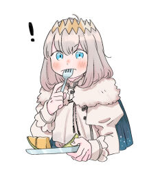 Rule 34 | !, 1boy, blue cape, blue eyes, blush, cantaloupe, cape, cropped torso, diamond hairband, dress shirt, eating, fate/grand order, fate (series), food, fork, fruit, fur-trimmed cape, fur trim, grey hair, holding, holding fork, holding plate, juliet sleeves, long sleeves, looking at viewer, male focus, medium hair, oberon (fate), oneroom-disco, plate, puffy sleeves, shirt, simple background, solo, utensil in mouth, white background, white shirt