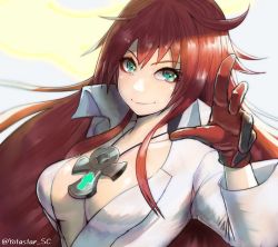 Rule 34 | 1girl, arc system works, breasts, cleavage, gloves, green eyes, guilty gear, guilty gear strive, jack-o&#039; valentine, long hair, looking at viewer, medium breasts, no bra, red hair, smile, solo, yotastar