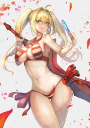 Rule 34 | 1girl, bikini, blonde hair, bracelet, breasts, cleavage, earrings, fate (series), food, green eyes, groin, hair intakes, halterneck, highres, jewelry, large breasts, licking lips, navel, nero claudius (fate), nero claudius (fate) (all), nero claudius (swimsuit caster) (fate), ohako (ohako1818), over shoulder, petals, popsicle, solo, striped bikini, striped clothes, swimsuit, sword, thigh gap, tongue, tongue out, twintails, weapon, wet