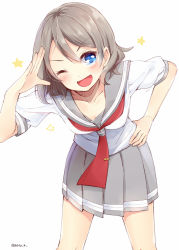 Rule 34 | &gt;;d, 10s, 1girl, ;d, blue eyes, blush, collarbone, commentary request, eyebrows, grey hair, hand on own hip, leaning forward, looking at viewer, love live!, love live! sunshine!!, natsu (natume0504), neckerchief, one eye closed, open mouth, pleated skirt, salute, school uniform, serafuku, short hair, short sleeves, skirt, smile, solo, tie clip, twitter username, v-shaped eyebrows, watanabe you