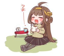 Rule 34 | 1girl, ahoge, alternate costume, baozi, beige sweater, black pantyhose, black skirt, blush, brown hair, chibi, closed eyes, commentary, cup, double bun, dress, eating, food, food on face, full body, hair bun, hairband, holding, holding food, kantai collection, kongou (kancolle), long hair, long sleeves, lr hijikata, mug, open mouth, pantyhose, pleated dress, ribbed sweater, simple background, sitting, skirt, smile, solo, sweater, table, translated, turtleneck, turtleneck sweater, white background