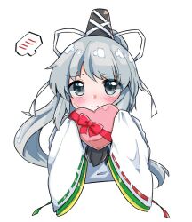 Rule 34 | 1girl, black hat, box, gift, gift box, grey eyes, grey hair, hat, heart-shaped box, holding, holding gift, japanese clothes, kariginu, long hair, looking at viewer, mononobe no futo, pom pom (clothes), ribbon-trimmed sleeves, ribbon trim, simple background, sleeves past fingers, sleeves past wrists, solo, spoken blush, tanikake yoku, tate eboshi, touhou, upper body, white background, wide sleeves