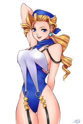 Rule 34 | 1girl, arm up, blonde hair, blue eyes, breasts, dated, drill hair, highres, justice gakuen, leotard, looking at viewer, medium breasts, miura hajime, raised eyebrow, signature, simple background, solo, thigh gap, thighs, tiffany lords, white background