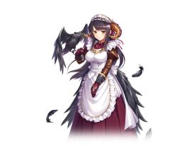 Rule 34 | 1girl, amon (kamihime project), apron, artist request, bird, black feathers, black hair, black wings, bow, bow apron, breasts, brown eyes, brown sleeves, crow, demon horns, dress, falling feathers, feathered wings, feathers, frilled apron, frills, gloves, gold trim, hand up, horns, juliet sleeves, kamihime project, landing, large breasts, long hair, long sleeves, looking at viewer, maid, maid apron, maid headdress, neck ribbon, official art, puffy sleeves, red dress, red gloves, red ribbon, ribbon, sidelocks, simple background, sleeve cuffs, solo, standing, transparent background, white apron, white background, white bow, wings