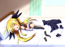 Rule 34 | 00s, asymmetrical clothes, bed, blonde hair, blush stickers, boots, cape, chibi, closed eyes, diesel-turbo, exhausted, fate testarossa, fate testarossa (movie 1st form), leotard, long hair, lyrical nanoha, mahou shoujo lyrical nanoha, solo, thighhighs, twintails