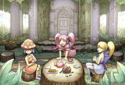 Rule 34 | 3girls, :d, basket, blonde hair, blue hair, candy, commentary request, cup, dress, food, gdgd fairies, grass, holding, holding cup, korokoro, looking to the side, multiple girls, open mouth, orange dress, outdoors, pikupiku, pink eyes, pink hair, ponytail, saucer, shirushiru, sitting, smile, socks, striped clothes, striped legwear, striped socks, tea party, teacup, teapot, thighhighs, tongue, tree, twintails, yuuru