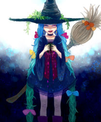 Rule 34 | 1girl, absurdres, bow, braid, broom, dress, earrings, gradient hair, hair bow, hat, highres, jewelry, long hair, multicolored hair, open mouth, original, solo, soono (rlagpfl), star (symbol), tongue, twin braids, very long hair, witch, witch hat