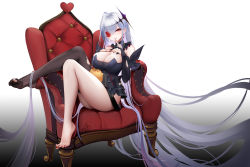 Rule 34 | 1girl, absurdly long hair, armchair, azur lane, breasts, brown thighhighs, chair, cleavage, detached collar, emden (azur lane), feet, finger to mouth, hair between eyes, highres, large breasts, long hair, looking at viewer, parted lips, red eyes, see-through, see-through legwear, silver hair, simple background, single sock, socks, soles, thighhighs, toes, very long hair
