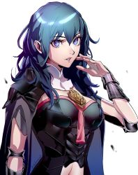 Rule 34 | 1girl, armor, blue eyes, blue hair, bracer, byleth (female) (fire emblem), byleth (fire emblem), cape, clothing cutout, commentary, datcravat, detached collar, english commentary, fire emblem, fire emblem: three houses, hair between eyes, highres, long hair, looking at viewer, navel cutout, nintendo, parted lips, solo, white background