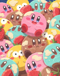 Rule 34 | blush stickers, colored skin, commentary request, creature, food, food on face, fruit, highres, kirby, kirby&#039;s dream buffet, kirby (series), looking at viewer, miclot, nintendo, no humans, o o, open mouth, pink skin, smile, solid oval eyes, strawberry, too many, yellow skin