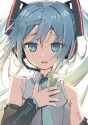 Rule 34 | 1girl, bare shoulders, black sleeves, blue eyes, blue hair, blue necktie, breasts, collared shirt, commentary, detached sleeves, english commentary, floating hair, gradient hair, green hair, green nails, grey shirt, hand up, hatsune miku, headphones, headset, long hair, long sleeves, looking at viewer, makadamixa, multicolored hair, nail polish, necktie, parted lips, shirt, sleeveless, sleeveless shirt, small breasts, smile, solo, twintails, upper body, vocaloid