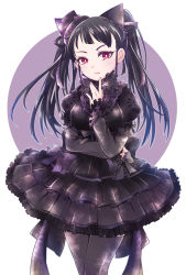 Rule 34 | 1girl, black bow, black dress, black hair, black hat, black thighhighs, blurry, bow, breasts, character check, circle, closed mouth, cowboy shot, depth of field, dress, eyelashes, frilled dress, frilled sleeves, frills, hair ribbon, hat, highres, layered sleeves, long hair, long sleeves, looking at viewer, medium breasts, mini hat, mini top hat, pale skin, pikomarie, pink lips, puffy short sleeves, puffy sleeves, puzzle &amp; dragons, red eyes, ribbon, self hug, short over long sleeves, short sleeves, solo, thighhighs, top hat, twintails, white background, xiang mei (p&amp;d), yomi (p&amp;d)