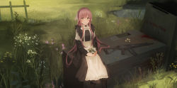Rule 34 | 1girl, :d, aek-971, apron, black dress, black jacket, blush, brown eyes, chihuri, day, dress, feet out of frame, fence, flower, grave, gun, hair between eyes, highres, holding, holding flower, jacket, long hair, long sleeves, looking at viewer, off shoulder, open mouth, original, outdoors, pink hair, puffy short sleeves, puffy sleeves, russian text, shirt, short sleeves, sitting, sleeveless, sleeveless dress, smile, solo, tombstone, very long hair, weapon, weapon request, white apron, white flower, white shirt, yana (chihuri)