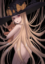 Rule 34 | 1girl, abigail williams (fate), abigail williams (second ascension) (fate), absurdres, ass, back, bao (s 888), bare shoulders, black background, black bow, black headwear, blonde hair, bow, breasts, fate/grand order, fate (series), forehead, hat, highres, keyhole, long hair, looking at viewer, looking back, multiple bows, nude, orange bow, parted bangs, red eyes, simple background, small breasts, thighs, very long hair, witch hat