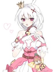 Rule 34 | 1girl, :d, bare shoulders, commentary, crown, detached sleeves, done (qz1c ), dress, gloves, hair between eyes, hair ornament, hair over shoulder, hands up, heart, heart hands, highres, honkai (series), honkai impact 3rd, long hair, looking at viewer, mini crown, open mouth, pink dress, pleated skirt, puffy short sleeves, puffy sleeves, purple eyes, short sleeves, simple background, skirt, smile, solo, tilted headwear, white background, white gloves, white hair, white skirt, white sleeves, x hair ornament
