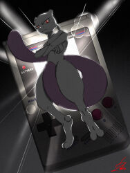 Rule 34 | 1boy, animal feet, artist name, backlighting, closed mouth, colored skin, creatures (company), crossed arms, dark, dutch angle, english text, floating, full body, furry, furry male, game boy, game boy (original), game freak, gen 1 pokemon, grey skin, handheld game console, highres, legendary pokemon, lens flare, light rays, looking at viewer, male focus, mewtwo, multicolored skin, nintendo, numeito, pokemon, pokemon (creature), pokemon rgby, purple skin, red eyes, signature, solo, tail raised, two-tone skin