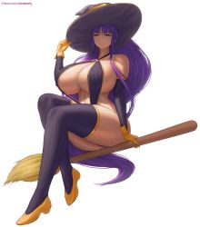 Rule 34 | 1girl, absurdres, breasts, broom, broom riding, cleavage, eiken, elbow gloves, from below, gloves, hat, highres, holding, holding broom, huge breasts, large hat, long hair, misono kirika, purple hair, purple hat, revealing clothes, slingshot swimsuit, solo, superbusty, swimsuit, thighhighs, very long hair, witch, witch hat, yellow footwear, yellow gloves