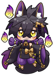 Rule 34 | 1boy, ahoge, alternate costume, animal ear fluff, animal ears, baggy pants, bell, black hair, bow, chibi, collar, commentary request, creatures (company), crossed bangs, detached sleeves, eyeshadow, facial mark, fox boy, fox ears, fox tail, full body, game freak, hair between eyes, hair ornament, highres, jewelry, kieran (pokemon), kyouka. (kyouka), looking at viewer, makeup, male focus, nintendo, pants, parted lips, pokemon, pokemon sv, sandals, solo, solo focus, star (symbol), tail, whisker markings, will-o&#039;-the-wisp (mythology), yellow eyes