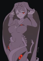 Rule 34 | 1girl, arms up, black background, covered navel, cross, cross necklace, double (skullgirls), extra eyes, habit, highres, jewelry, monster, necklace, nun, one eye closed, red eyes, reiji kate, skullgirls, smile, solo