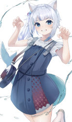 Rule 34 | 1girl, absurdres, almico, animal ears, blue eyes, blue hair, blush, cat ears, claw pose, fins, fish tail, gawr gura, gawr gura (casual), grin, highres, hololive, hololive english, looking at viewer, multicolored hair, official alternate costume, open mouth, shark tail, sharp teeth, silver hair, smile, solo, streaked hair, tail, teeth, virtual youtuber