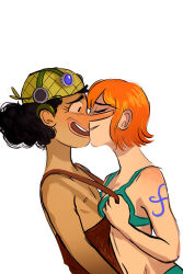 Rule 34 | 1boy, 1girl, bandana, black hair, blush, breast press, breasts, cleavage, face-to-face, grabbing, grin, hetero, highres, kiss, long nose, looking at another, medium breasts, nami (one piece), nervous, one piece, orange hair, overalls, pirate, smile, sweat, tattoo, upper body, usopp