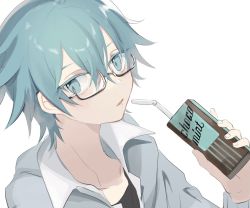 Rule 34 | 1boy, blue eyes, blue hair, carton, chocolate mint, chongyun (genshin impact), collarbone, collared shirt, colored eyelashes, commentary request, drink, drinking straw, genshin impact, glasses, grey shirt, hair between eyes, hand up, holding, holding drink, looking at viewer, male focus, mint chocolate, open clothes, open mouth, open shirt, portrait, shirt, short hair, simple background, solo, white background, yoko (nz g)