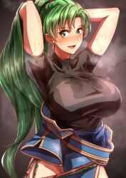 Rule 34 | 1girl, absurdres, armpit crease, armpit focus, armpits, arms behind back, black shirt, blush, breasts, fire emblem, fire emblem: the blazing blade, green eyes, grey hair, highres, large breasts, long hair, looking at viewer, lyn (fire emblem), nintendo, ponytail, shirt, simple background, solo, sweat, to (tototo tk), very long hair