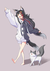 Rule 34 | 1girl, :d, animal ear fluff, animal ears, bare legs, barefoot, black hair, brown eyes, fang, full body, highres, hololive, hood, hood down, hoodie, long hair, multicolored hair, ookami mio, ookami mio (casual), open mouth, oversized clothes, red hair, risian, skin fang, sleeves past wrists, smile, streaked hair, tail, very long hair, virtual youtuber, wolf, wolf ears, wolf tail